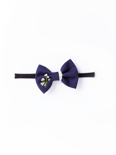 Embroidered Bow Headband- Dark Blue