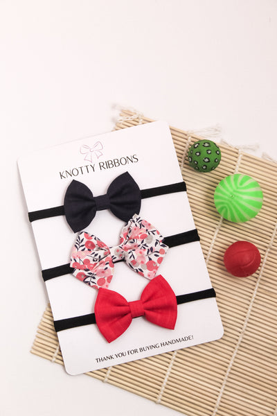 Floral School & Classic Bow Headband Set - Pink & Dark Blue