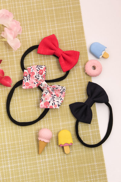 Floral School & Classic Bow Headband Set - Pink & Dark Blue