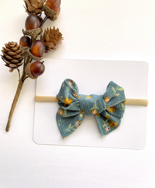 Floral Corduroy Knot Bow Nylon Headband - Blue