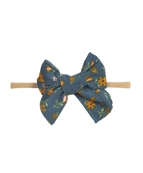 Floral Corduroy Knot Bow Nylon Headband - Blue