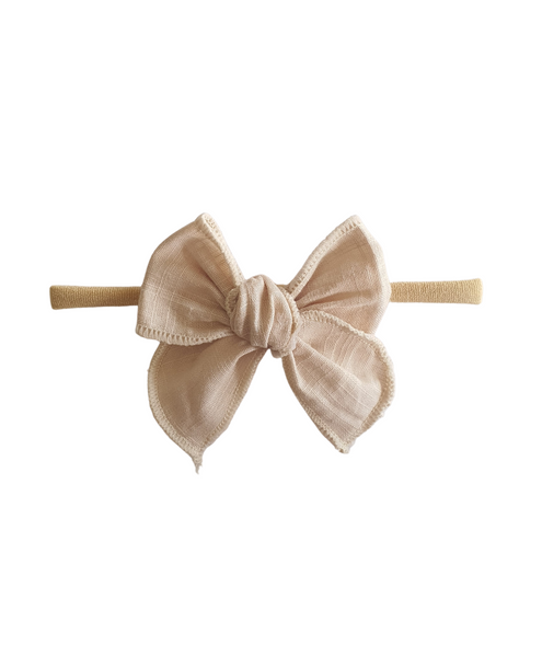 Newborn Linen Knit Bow Headband- Beige