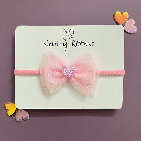 Double Bow Heart Applique Headband - Baby Pink
