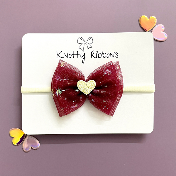 Double Bow Heart Applique Headband- Maroon