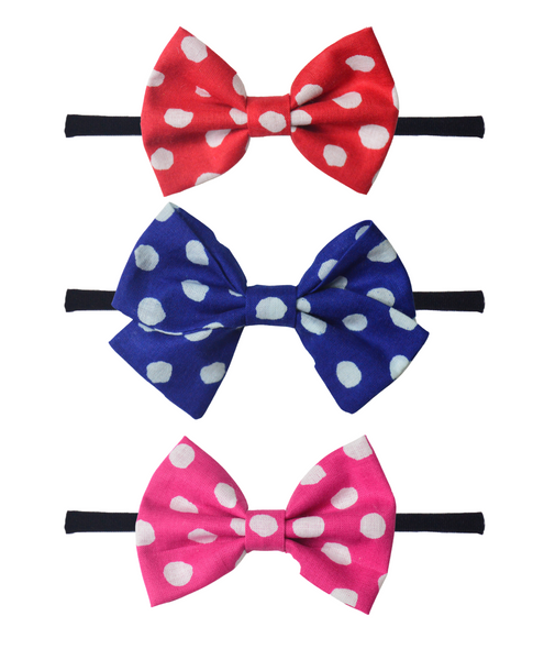 Polka Dots School & Classic Bow Headband Set - Red, Blue & Pink