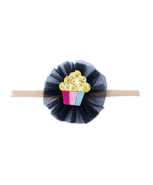 Glitter Cupcake on Pom Pom Headband - Black