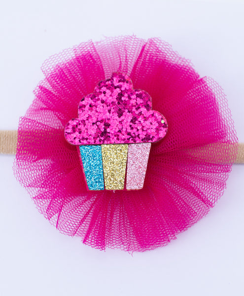 Glitter Cupcake on Pom Pom Headband - Dark Pink