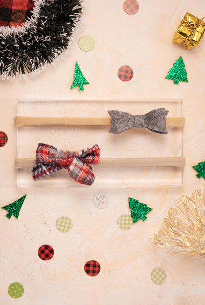 Checkered Sailor Bow & Felt Bow Newborn Headband Set- Red & Gray