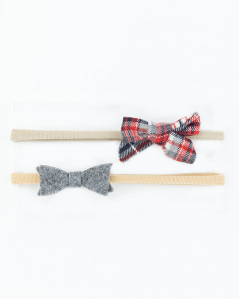 Checkered Sailor Bow & Felt Bow Newborn Headband Set- Red & Gray