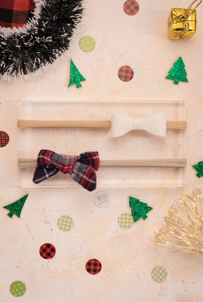Checkered Sailor Bow & Felt Bow Newborn Headband Set- Red & White