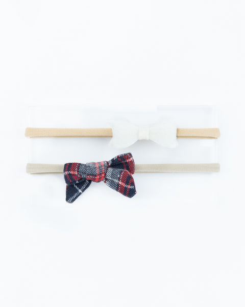 Checkered Sailor Bow & Felt Bow Newborn Headband Set- Red & White