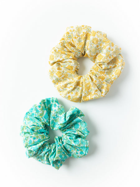 Floral Cotton Scrunchies Set - Yellow & Blue