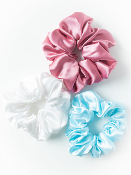Satin Silk Scrunchies Set - Light Blue, White & Pink
