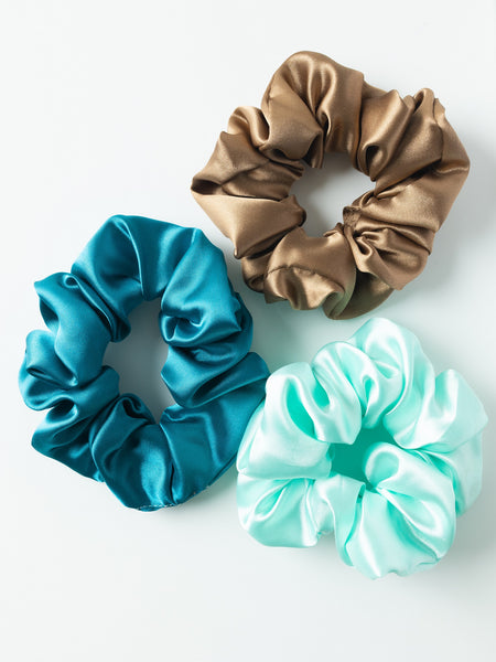 Satin Silk Scrunchies Set - Sea Green, Teal & Brown
